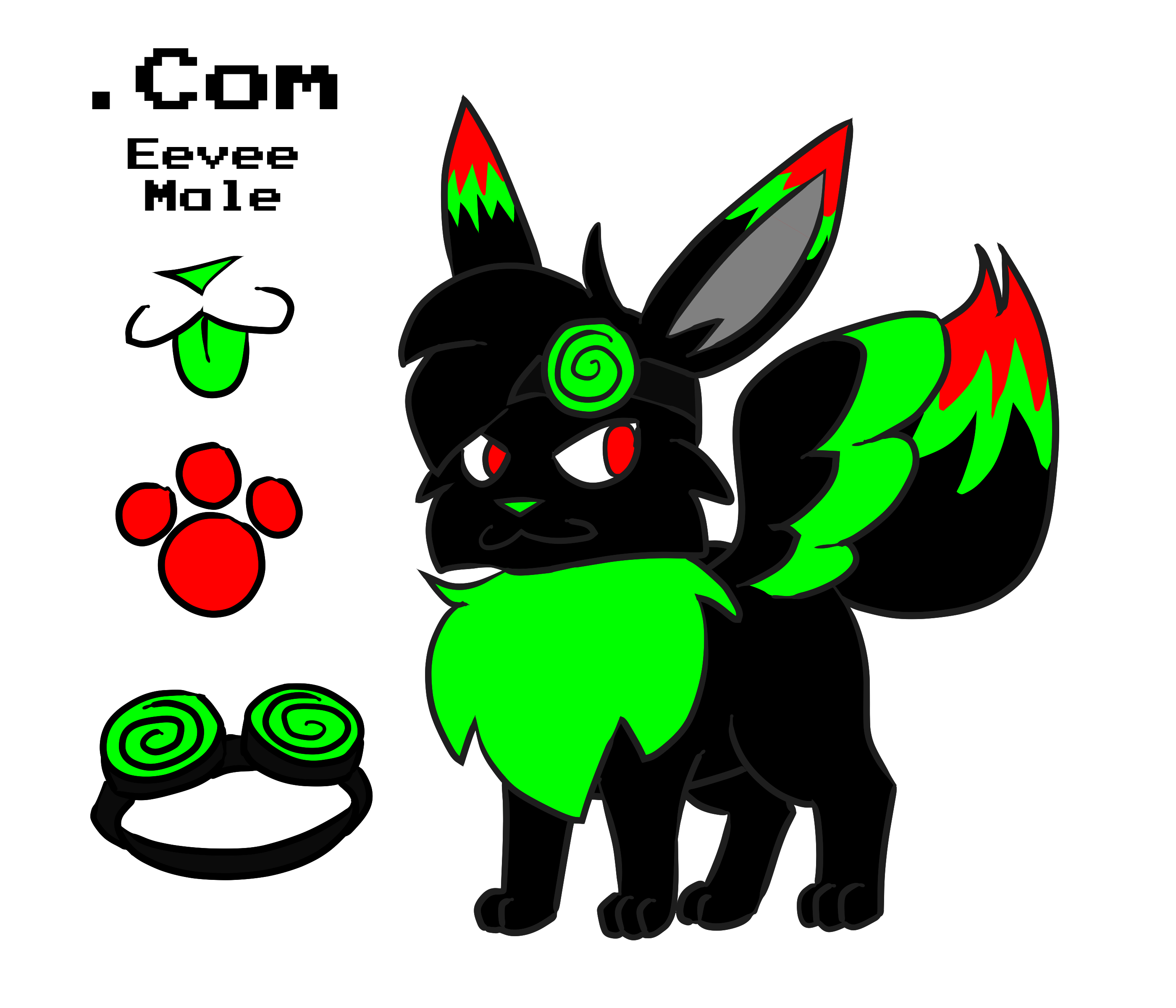 A drawing of an Eevee oc. His fur is predominantly black, with bright green and red accents. He has a set of wings with bright green tips and a pair of green swirly goggles. His information is listed as 'Dot Com, Eevee, male', followed by close-ups of his mouth, paw pads, and goggles.